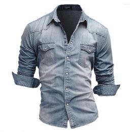Men's Casual Shirts Fashion Men's Long Sleeve Jeans Shirt Slim Fit Blue Denim Retro Two Pocket Washed Male Cowboy XXXL Workwear