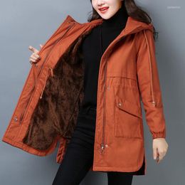 Women's Trench Coats 2022 Fashion Winter Women Jacket Windbreaker Velvet Warm Female Coat Mid-length Casual Hooded Outerwear