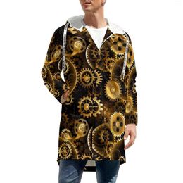 Men's Trench Coats Retro Steampunk Brass Gears Print Long Casual Thick Windbreakers Male Graphic Streetwear Winter Jackets Plus Size