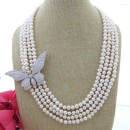 Chains Fine Jewelry 7-8mm White Round Frshwater Pearl 17-20inch 4 Strands Necklace Inlay Zircon Butterfly