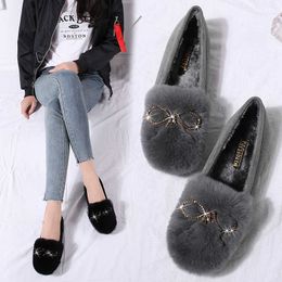 Other Shoes Real Rabbit Fur Loafers Plush Women Flats Large Size Shoes Winter Crystal Bow Girls Mocassin Fluffy Fur Cotton Shoes For Lady L221020