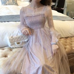 Casual Dresses Spring Summer Sparkling Sequined Vertical Stripe Net Gauze Women's Dress Super Fairy Temperament Pleated Mid-length