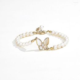 Strand Light Natural Freshwater Pearl 18K Gold Copper Sea Shell Butterfly Bracelet Fashion Jewelry
