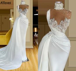 Dubai Arabic Modern Satin Mermaid Prom Dresses High Collar Pearls Rhinestones Lace Formal Evening Parrty Gowns Overskirts Second Recetion Engagement Dress AL9604