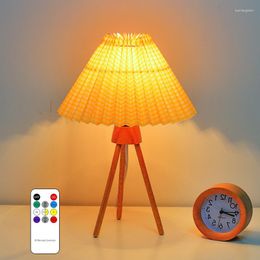 Table Lamps Pleated LED Desk Lamp For Bedroom Bedside Reading Ins Wooden Tripod Night Light Decoration Dimming USB Power