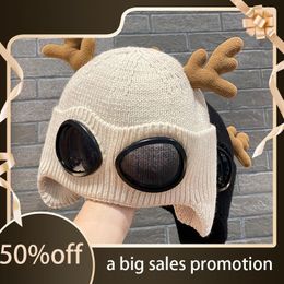 Hats Autumn And Winter 2022 Deer Antlers Wear Sunglasses Knitted Wool Hat Warm Pilot Women's Pullover Ear Protection Cold