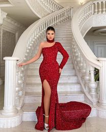 Glitter Red Sequined Mermaid Prom Dresses One Shoulder Side Split Sexy Evening Gowns Shines Long Sleeve Women Special Occasion Wear 2023 Dubai Arabic Style