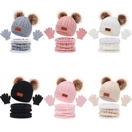 New Winter Baby Hat Scarf Gloves Set Knitted Fur Ball Baby Beanie Hats Pompom Kids Caps Infant Accessories Christmas Gift 1-8Y