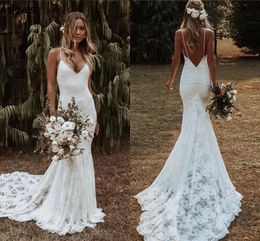 Bohemian Country Mermaid Wedding Dresses For Brides Sexy Spaghetti Straps Backless Floral Lace Bridal Gowns Court Train Boho Garden Vintage Robes de Mariee AL9004