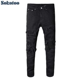 Men's Jeans Sokotoo Men's black patchwork stretch denim biker jeans for motorcycle Slim fit skinny ripped pencil pants T221102