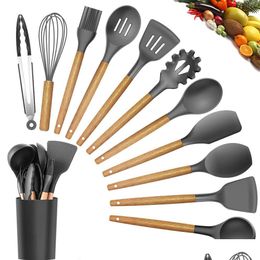 Cookware Parts Cookware Parts Sile Cooking Utensil Set Wooden Handle Spata Soup Spoon Brush Ladle Pasta Colander Nonstick Kitchen To Dhvry