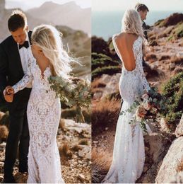 Sexy Boho Wedding Dress Mermaid Backless Bohemia Lace Wedding Gowns Long Sleeves Bride Dresses Custom Made Vestido de noiva