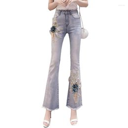 Women's Jeans High Waist Women Fashion Flowers Horn Pants Autumn Winter Female Casual Elastic Force Trousers Slim Cowboy