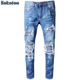Sokotoo Men's Jeans Men's blue pleated patchwork hole ripped biker jeans for motorcycle Casual slim skinny distressed stretch denim pants T221102