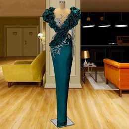 Modest Straight Hunter Green evening Dresses ruffles sheer neck One Shoulder sleeve beaded crystal arabic Illusion Prom Dress