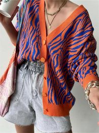 Women's Sweaters Autumn Printed Elegant Women Cardigan Irregular Striped Patchwork V-neck Knitwears Female Winter Casual Long Sweater