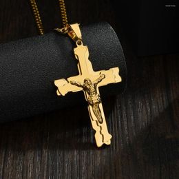 Chains Simple Jesus Cross Necklace Gold Colour Stainless Steel Pendant & Chain For Men Gift Christian Jewellery 60cm Length