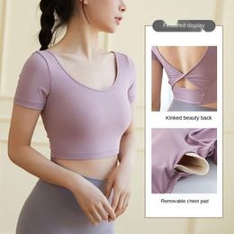 Yoga Outfit 2022 Short Sleeve Sports Bra For Women Push Up Gym Sexy Padded T-shirt Underwear Butterfly Wear Workout Fitness Top