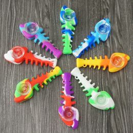 Fish Bone Shape Silicone Smoking Pipes Hand Herb Tobacco Portable Pipe FDA Grade Silicon with Glass Bowls Multi Colour