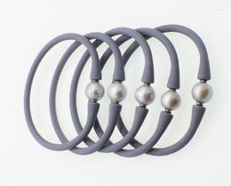 Bangle Freshwater Pearl Bracelet Grey Near Round 10-11mm And Grey Silicone Nature 7.5inch FPPj Wholesale Beads Good Quality