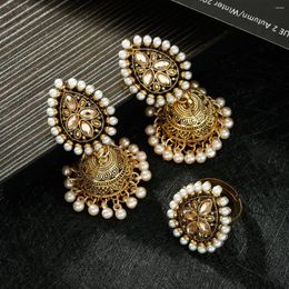 Necklace Earrings Set Ethnic Bride CZ Water Drop Earring Ring Gold Plated Pearl Tassel For Women Boho Jewellery Wholesale