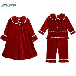 Pyjamas Winter Essential Christmas Pyjamas Sets Sleepwear Kids Girls Red Velvet Lace Long SleevePants Children Clothing Baby Boys Suit 221102