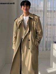 Men's Trench Coats Mauroicardi Spring Autumn Long Khaki Trench Coat Men Double Breasted Loose Casual Korean Fashion 2022 Luxury Overcoats for Men T221102