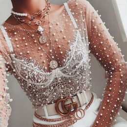 Women's Blouses 2022 Super Sexy See-through Lace Shirt With Bright Diamond Beads Inside And Outside Wearing Mesh Long-sleeved Top For Women