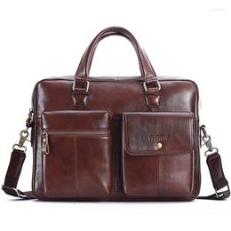 Briefcases Men's Genuine Leather Briefcase Cross-body Bag Top Layer Cowhide Messenger Bags Shoulder Multi Feature Office Male Laptop