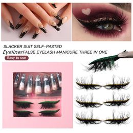 Lazy False Eyelashes And Press On Nails Set Reusable Fluffy Mink Full Strip Lashes With Glitter Eyeliner Stickers Nails Kit Makeup