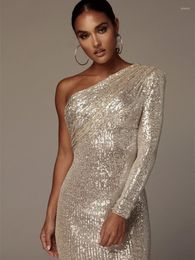 Casual Dresses DEIVE TEGER Sexy One Shoulder Dress Sparkle Glitzy Sequins Mesh Patchwork Celebrity Christmas Party Vestidos