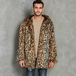 Men's Fur Faux Mens Coat Autumn Winter New Leopard Print Fashion Hooded Plush Cold Resistance Mid-Long Jackets T221102