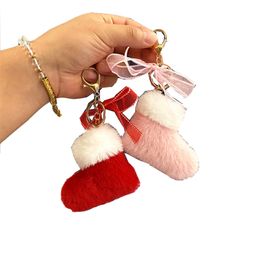 Cartoon Christmas Boots Plush Keychain Bowknot Bag Pendant Fashion Accessories Keyring Key Chain