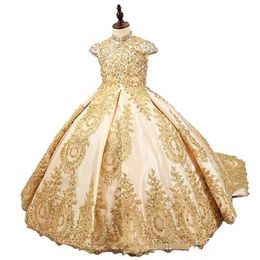Золотое блеск бальное платье цветочниц платье Princess Little Girls Pageant Dressing Party Party Party Party с бусинами BC4609