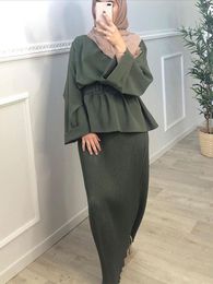 Ethnic Clothing 2Pcs Muslim Dress Set Women Elegant Matching Belted Tops Long Pleated Skirt Suit Islam Dubai Turkey Arab Modest Abaya