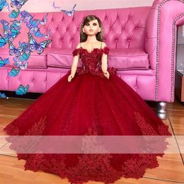 Lovely Red Lace Flower Girls Dress For Wedding Appliques Pearls Crystal Ball Gowns Child Dress First Communion PhotoShoot