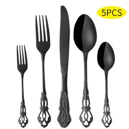 Flatware Sets 5pcs Black Set Stainless Steel Knife Fork Spoon Dessert Kitchen Tableware Cutlery 5pcs/lot Drop