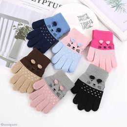 Children's Finger Gloves Five Fingers Cute Cartoon Cat Gloves Winter Thick Knit Boys Kids Newborn Mittens Children Keep Finger Warm Gloves For Baby 37Years