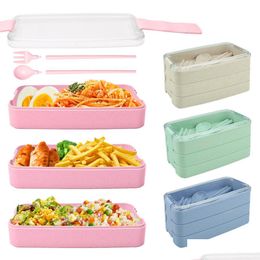 Lunch Boxes Bags Creative Office Portable Threelayer Lunch Box Student Sealed Compartment Square Household Freshkee Drop Delivery 20 Dh4Tc