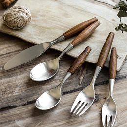 Dinnerware Sets Wood Stainless Steel Cutlery Set Wooden Handle Flatware Knife Fork Spoon Service Dinner