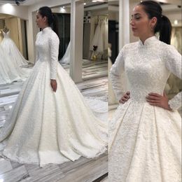 2023 Ball Gown Wedding Gowns Muslim Luxury High Neck Dubai Arabia Full Lace Crystal Beads Pearls Long Sleeves Plus Size Bridal Party Dresses Robe De Marriage