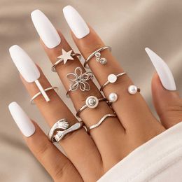 Jewelry Three dimensional Flower Star Nine Piece Ring Set with Pearl and Diamond Opening Ring Set