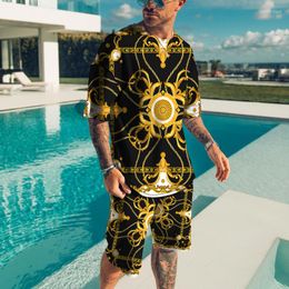 Men's Tracksuits Golden Chain Printed Men Summer Set Vintage Style Streetwear T Shirts Shorts 2 Piece Oversized Man Casual Outfit