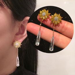 Stud Earrings Exquisite Sunflower Flower Zircon Pendant Women's Long Tassel Brincos Wedding Bride Fashion Jewellery Gift