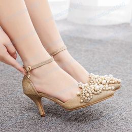 Sexy Women Sandals 7cm High Heels Beige Pearl Wedding Dress Shoes Bridal Glitter Fetish Stiletto Gold Pumps