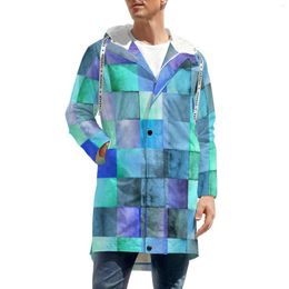 Men's Trench Coats Colorful Geometry Watercolor Square Long Straight Casual Warm Windbreak Print Aesthetic Windproof Winter Jackets Big Size