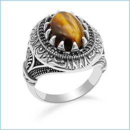 Cluster Rings Cluster Rings Mens Ring S925 Sterling Sier Jewellery Turkish Inlaid Tiger Eye Stone Drop Delivery 2022 Dhxdz
