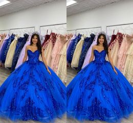 2023 Glitter Sequins Applique Quinceanera Dresses And Sweet 16 Royal Blue Ball Gowns Sweetheart Corset Back Formal Dress Homecoming Tulle