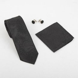 Bow Ties HOOYI Floral Neck Tie Set Black For Men Pocket Square Cufflinks Mariage Cravat Gift Party Wedding 7cm Width