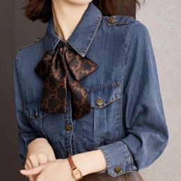 Women's Blouses 2022 Autumn Blusas Womens Denim Shirt Lace-Up Blouse Vintage Work Casual Tops Elegant Simple Loose Women Business